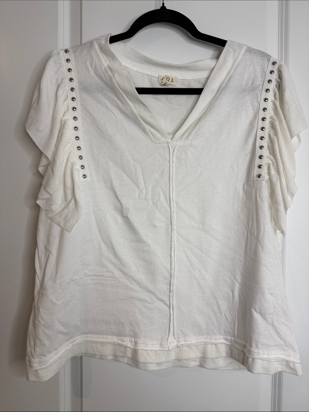 POL White Stud-Trim Flutter Sleeve V-Neck Top